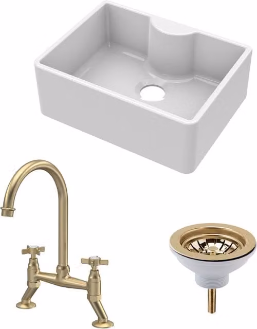 Balterley Single Bowl Ceramic Butler Sink with Bridge Mixer Tap and Waste in White and Gold, W: 59.5 cm