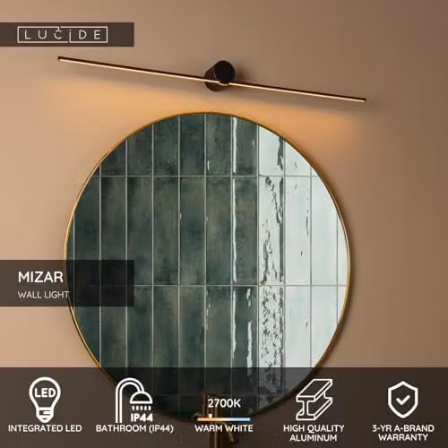 Lucide Mizar LED Bathroom Wall Light, Black Aluminium, IP44, Warm White – 2