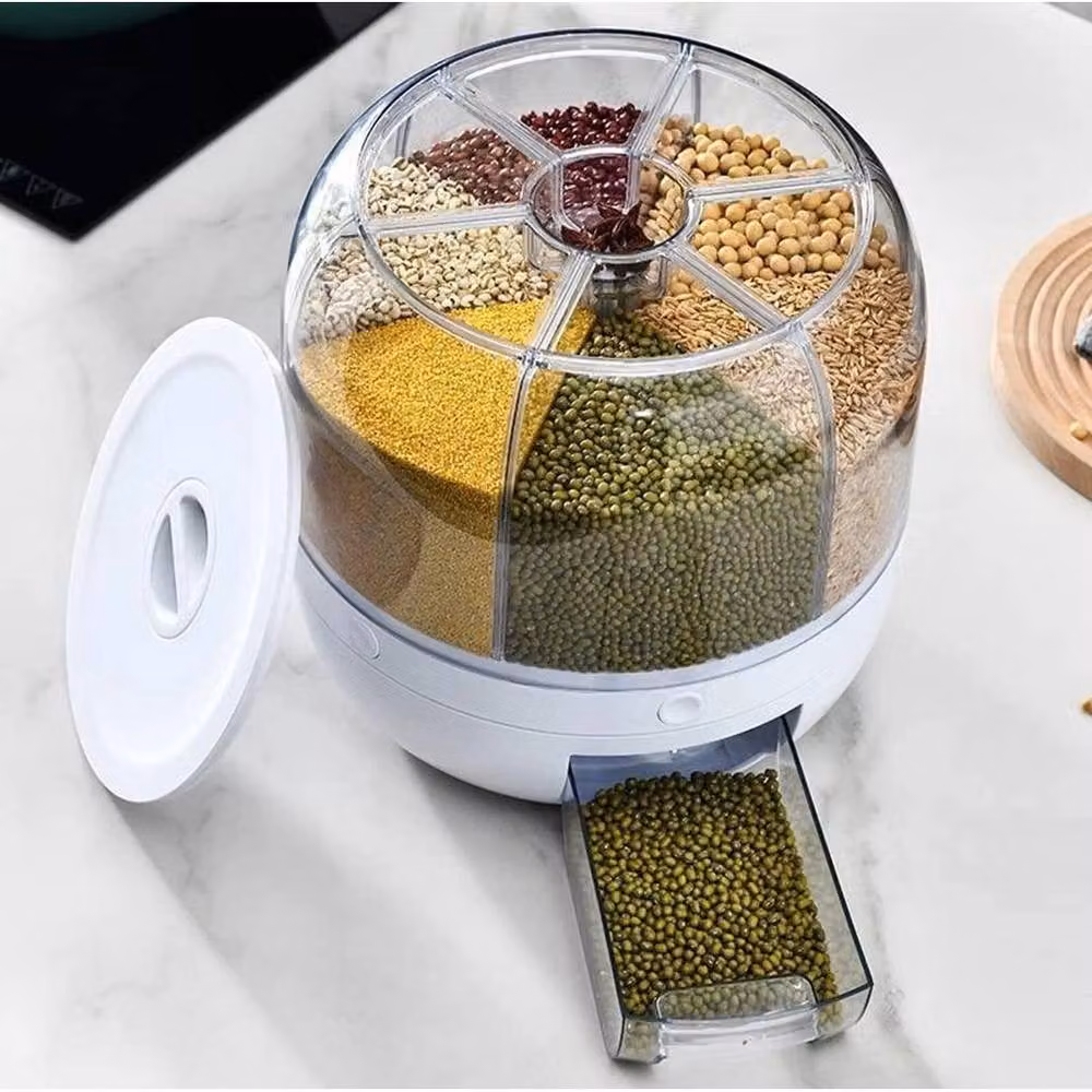 KORVIXA 6-Grid Rotating Rice and Dry Food Dispenser in White and Transparent Plastic with Airtight Compartments – 4