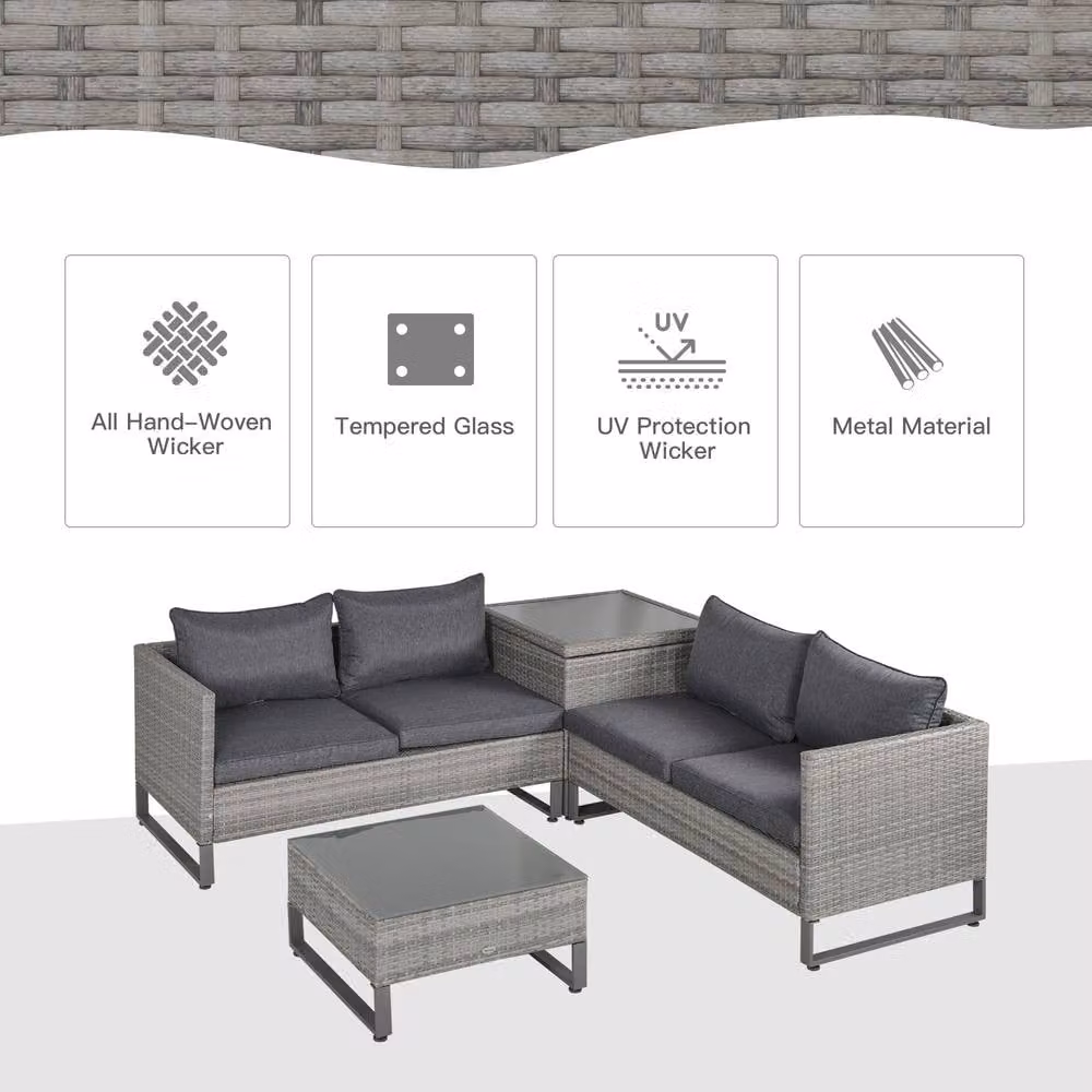 ERGOVEXA 4 Piece Grey Rattan Garden Furniture Set with L-Shape Sofa and Coffee Table – 5