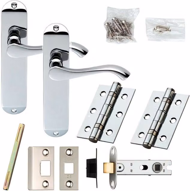 Loops Chrome Modern Scroll Lever Door Handle and Latch Pack with Round Backplate W: 180 mm, D: 40 mm