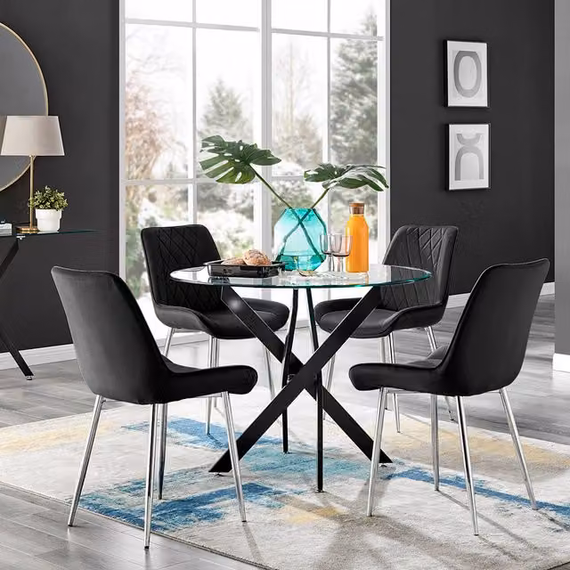 FurnitureboxUK Novara Round Glass Dining Table with 4 Pesaro Silver Chairs in Black