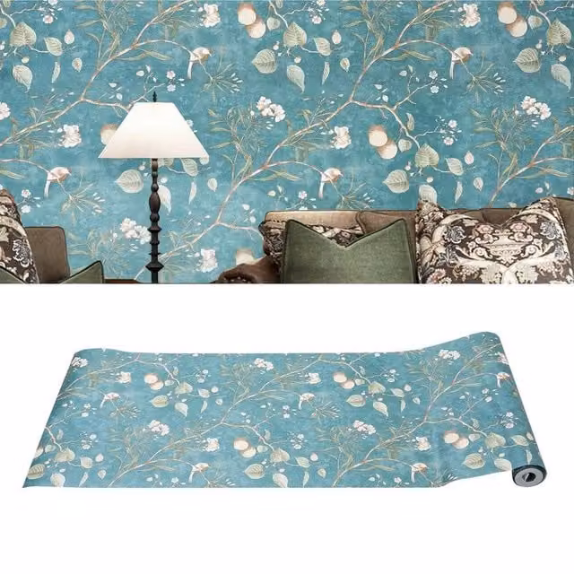 NESTLUNE Retro Damask Non-woven Wallpaper in Turquoise and Multicolour, W: 100 cm, H: 15 cm