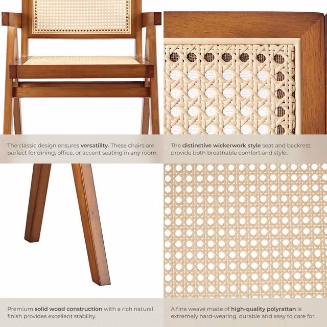 TECTAKE Mid-Century Dining Chair Set of 2 with Rattan Backrest and Oak Wood Frame in Brown and Black, Height: 82.5 cm