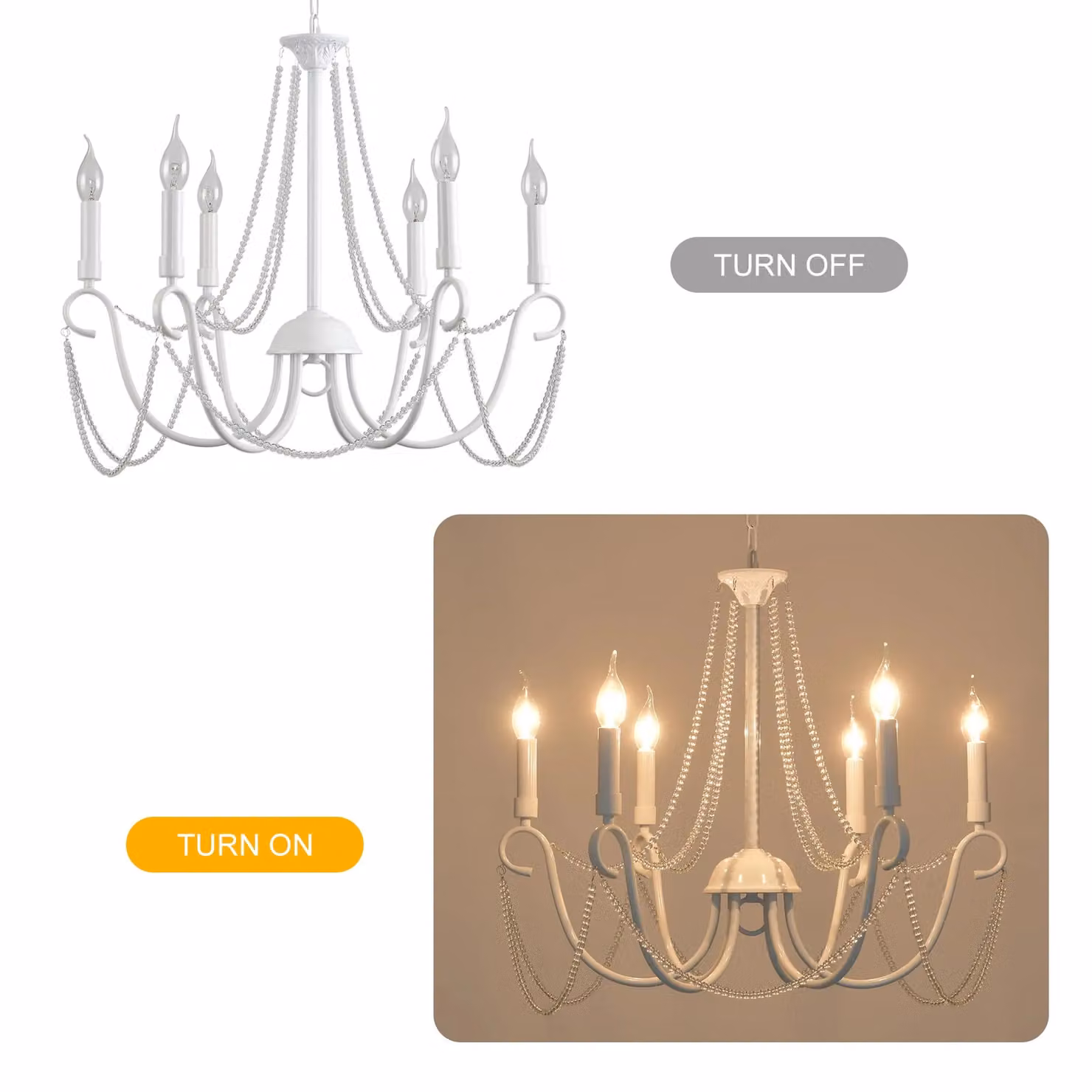 Garwarm 6-Light Retro French Country Chandelier in White with Crystal Accents and Height Adjustable Suspension – 2