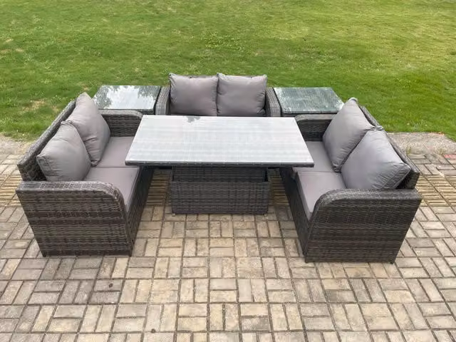 Fimous 3 Piece Rattan Garden Furniture Set with Adjustable Lifting Dining Table and 2 Side Tables in Dark Grey