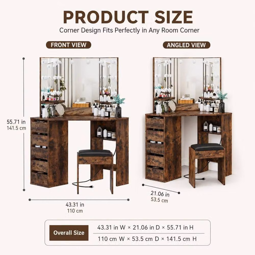 London Boutique Corner Dressing Table with LED Mirror and 5 Drawers in Brown – 2