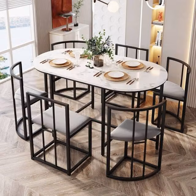 ModernLuxe 7-piece modern dining set including 1 rectangular table and 6 chairs in black, gold, white and grey, W/D/H: 140 x 80 x 76 cm