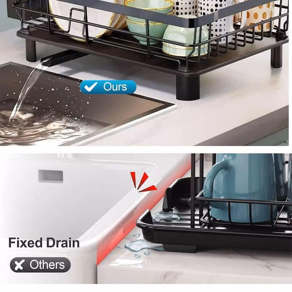 ATEK 2 Tier Black Stainless Steel Kitchen Dish Drainer Rack with Cutlery Holder and Drip Tray – 6