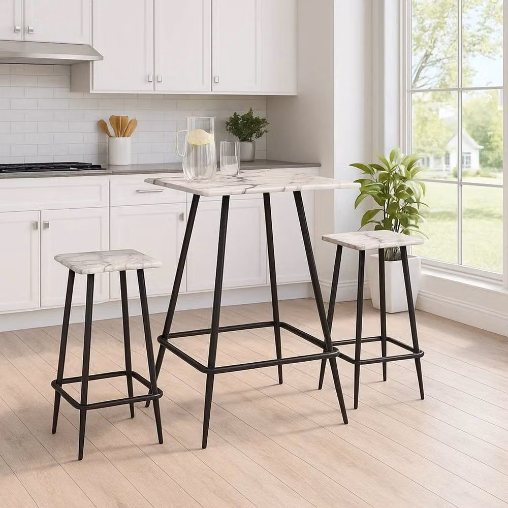 EONLION Modern White Marble Square Breakfast Bar Table and 2 Stools Set – 2