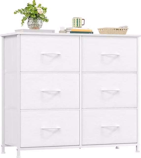 FORGEVIO 6 Drawer Wide Fabric Chest of Drawers, White, W/D/H: 80 x 30 x 71.5 cm