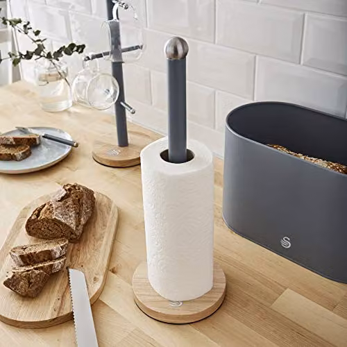 Swan Nordic Scandi Freestanding Towel Pole and Kitchen Roll Holder with Non-Slip Bamboo Base, Grey – 4