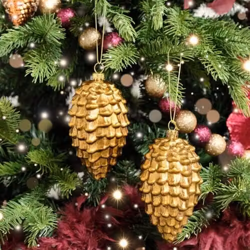Melody Maison Set of 2 Gold Glitter Pine Cone Hanging Christmas Bauble Decorations