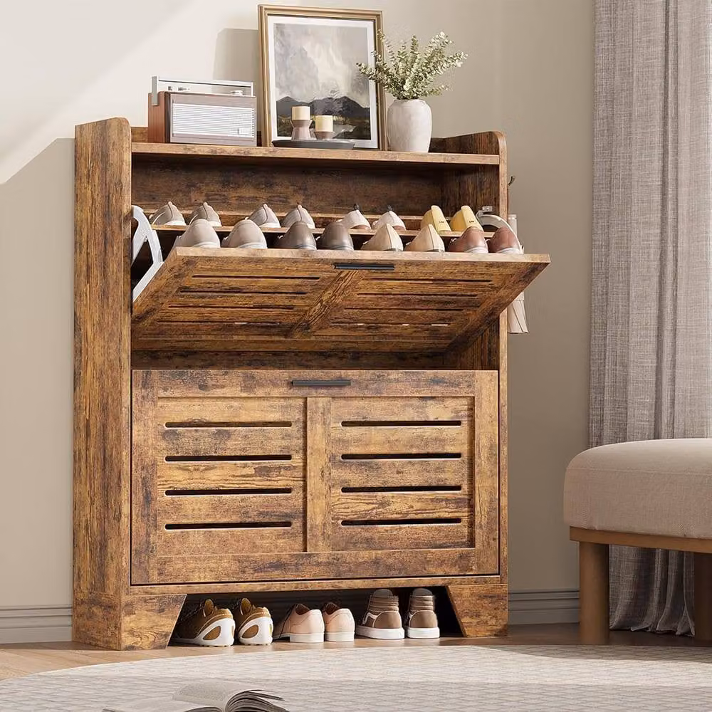 London Boutique Modern Brown Shoe Storage Cabinet with 2 Drawers and Adjustable Shelves – 2