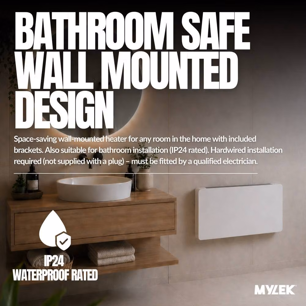 MYLEK 1500W White Aluminium and Ceramic Wall Mounted Panel Heater with WiFi App Control and LCD Display – 5