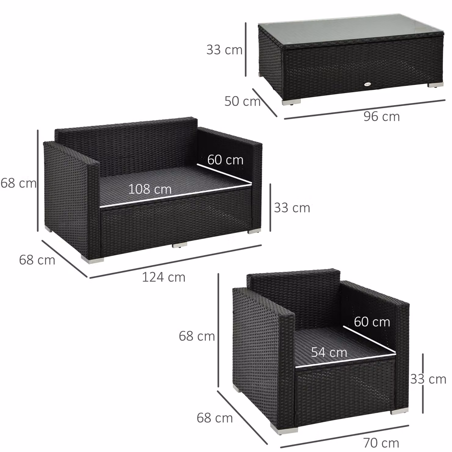 Outsunny 4-Piece Black Rattan Sofa Set with Coffee Table – 4