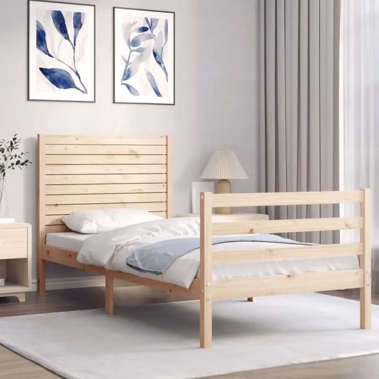 Berkfield Home Solid Wood Bed Frame with Headboard in Brown, W/D/H: 90 x 200 cm