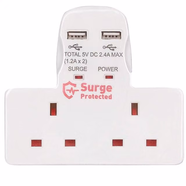 ShaniTech White 2 Way Gang Surge Protected Socket with 2x USB Charging Ports