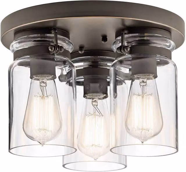 Elstead Modern 3 Light Cylinder Flush Mount Ceiling Light in Silver and Grey with Transparent Glass and E27 Fitting