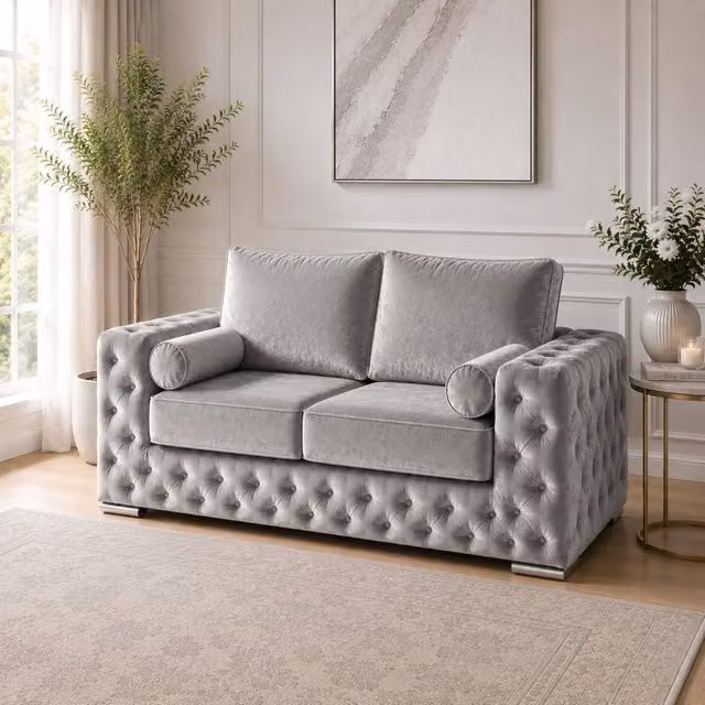 Stratus Interiors Ashley Tufted Chesterfield 2 Seater Fabric Sofa in Light Grey, W: 177.8 cm, H: 76.0 cm, D: 67.0 cm – 1