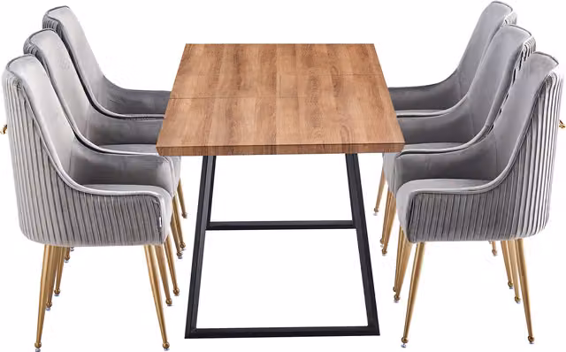 Life Interiors Soho Toga LUX Dining Set with Extendable Rectangular Table and 6 Grey Velvet Upholstered Chairs with Gold Details