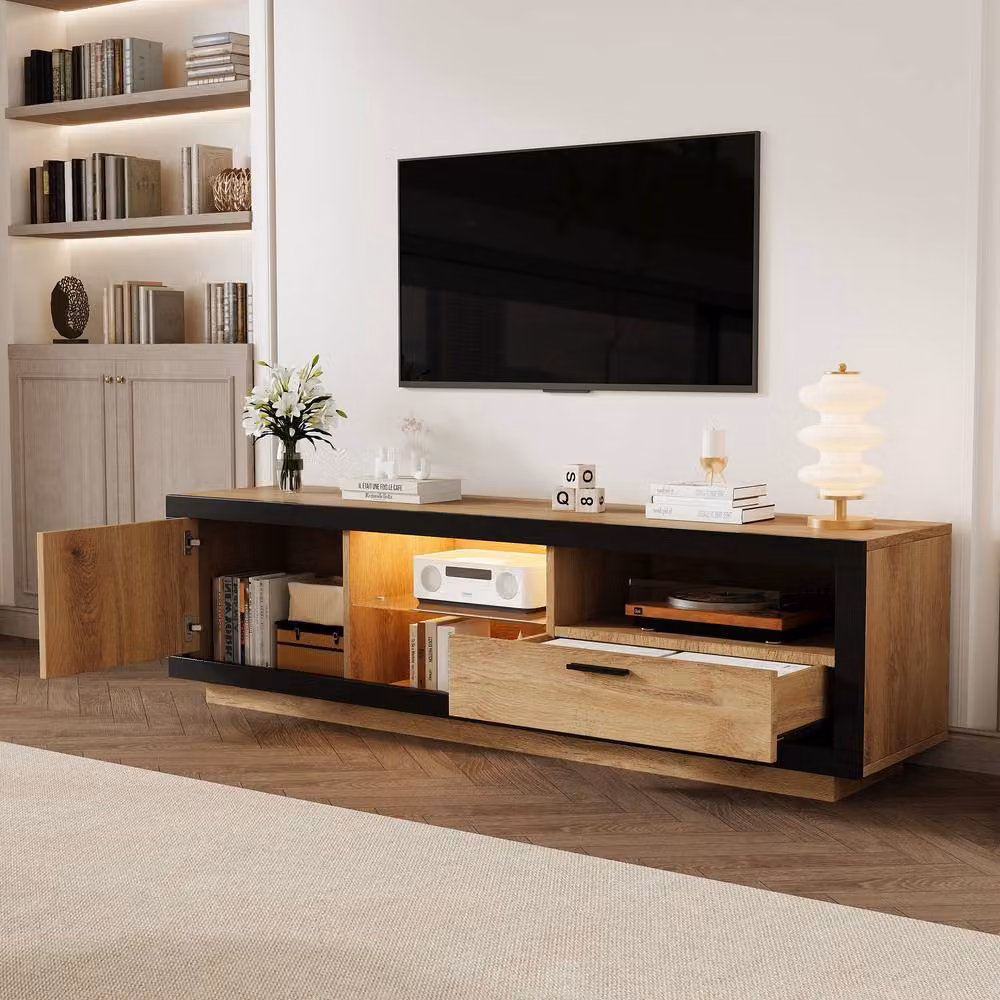 ModernLuxe Modern TV Cabinet with LED Light, 1 Drawer and 1 Door in Natural, W: 160 cm, D: 40 cm, H: 50 cm – 2