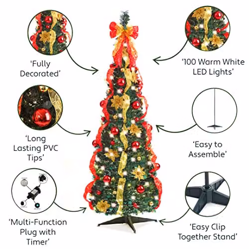 Best Artificial Pre-lit and Pre-Decorated Pop-up Christmas Tree in Red and Gold, H: 180 cm, W: 60 cm, D: 30 cm – 4