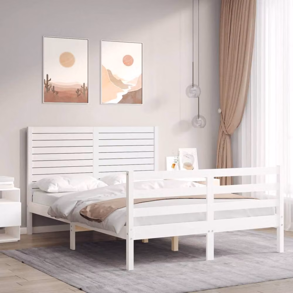 Berkfield Home Solid Wood Bed Frame with Headboard in White, W/D/H: 140 x 200 cm – 2