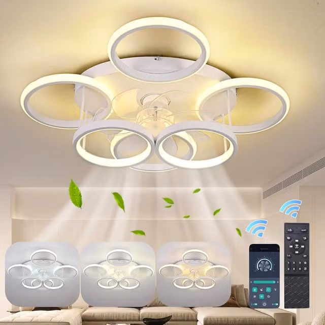 Garwarm Modern Low Profile LED Ceiling Fan with 6 Ring Dimmable Lights in White