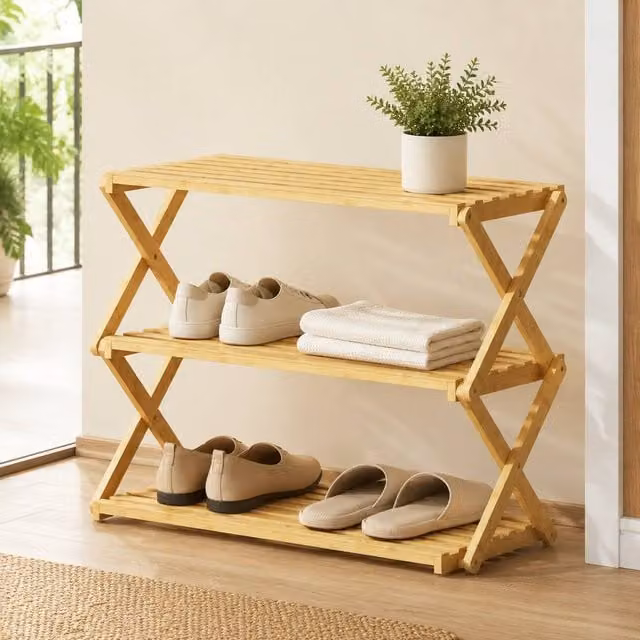 STILVORA Three-Tier Folding Bamboo Shoe Rack in Beige