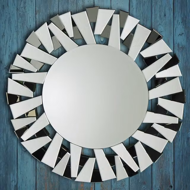 MirrorOutlet Modern Segmented Round All Glass Wall Mirror, Silver, Diameter: 98 cm