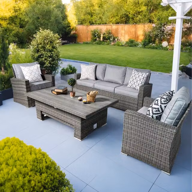 Vermont Modern Grey Rattan Sofa Set with Adjustable Table
