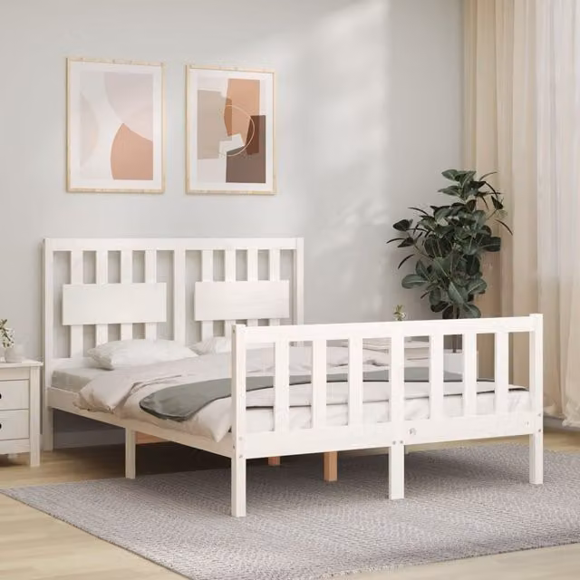 Berkfield Home Solid Wood Bed Frame with Headboard in White, W/D/H: 140 x 190 cm – 1
