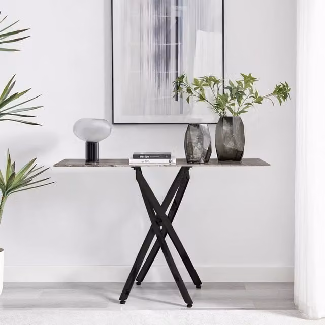 FurnitureboxUK Leonardo Rectangular Marble Effect Glass Top Console Table with Black Metal Starburst Legs in Grey
