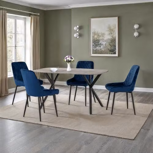 Seconique Athens Rectangular Concrete Effect Dining Table and 4 Avery Blue Velvet Chairs – 6