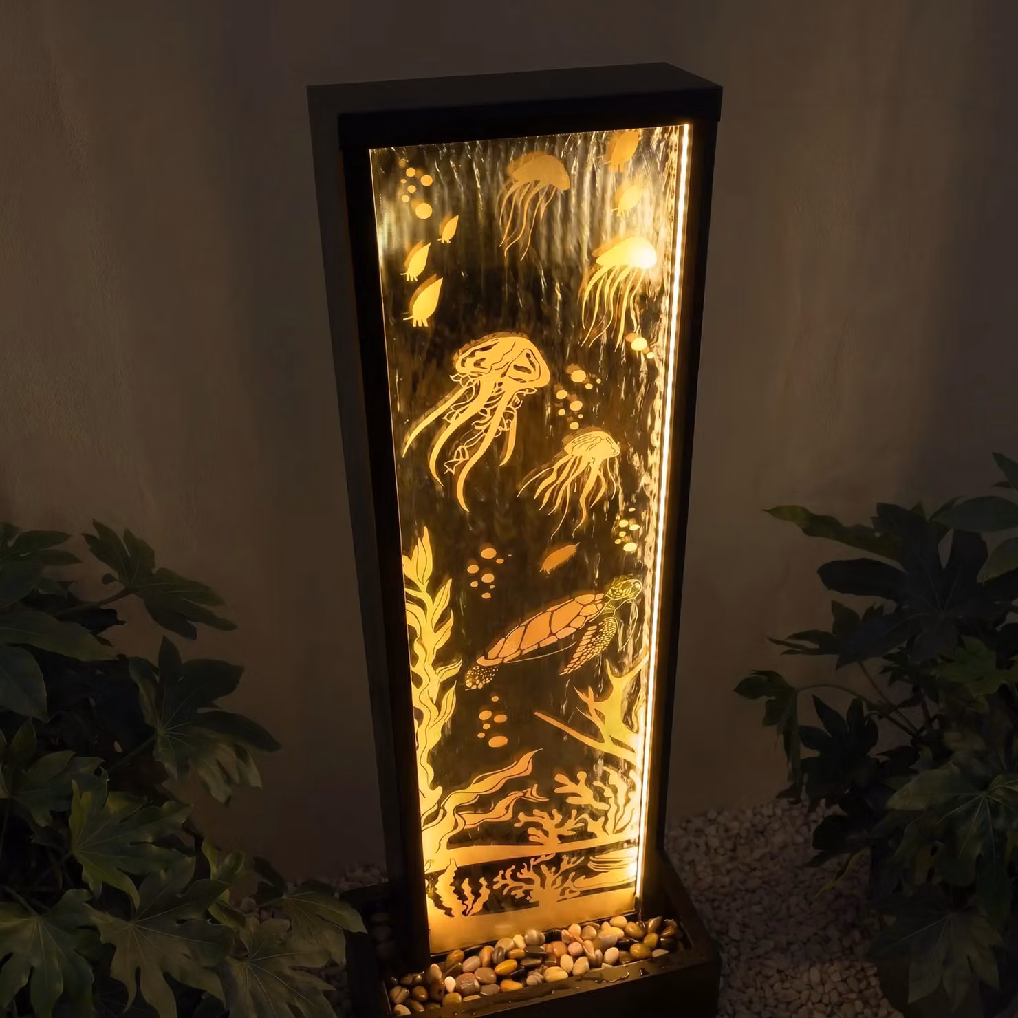 Primrose Modern Rectangular Mirror Water Feature with Ocean Floor Design and LED Lights in Brown – 3