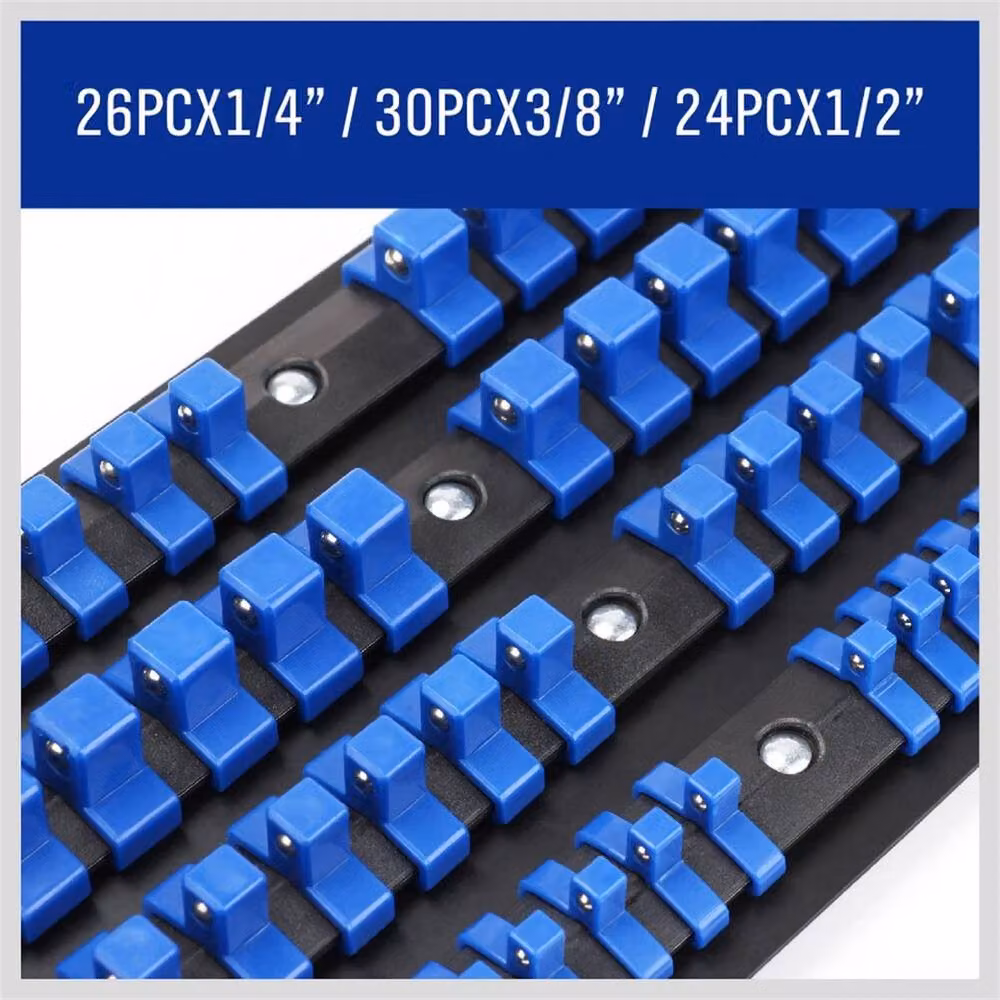Nordara 80-Piece Socket Storage Rail in Blue, Mountable ABS and Metal Organiser for 1/4, 3/8 and 1/2 inch Sockets – 4