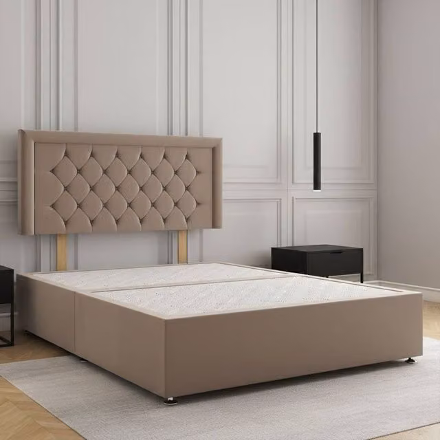 Regional Furnishings Super King Plush Velvet Divan Bed Base with 24 Inch Headboard in Bronze, W/D/H: 200 x 200 cm