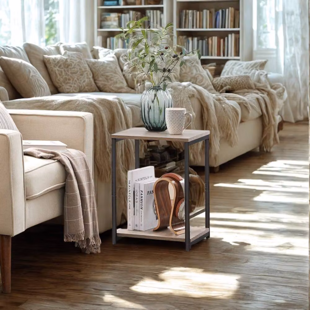 Pirlo Plush 2 Tier Side End Table with Steel Frame in Grey and Greige, W/D/H: 38.5 x 30 x 50 cm – 3