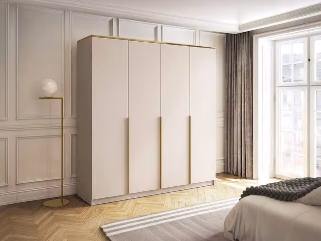 Vente-unique VUKIA 4-Door Wardrobe in Beige and Gold, W: 200 cm, D: 57.1 cm, H: 213 cm – 1