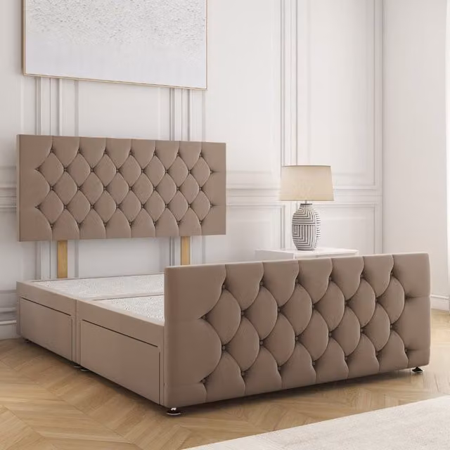 BSSPOKE Maya Velvet Small Double Divan Bed with 24 inch Headboard and 2 Side Drawers in Bronze, W/D/H: 120 x 200 cm