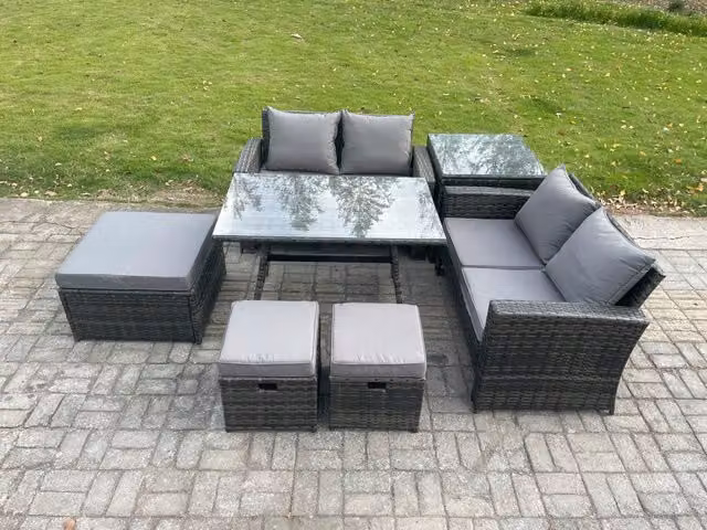 Fimous 7 Seater Grey PE Rattan Garden Dining Set with Rectangular Table, Double Sofa, 3 Footstools and Side Table
