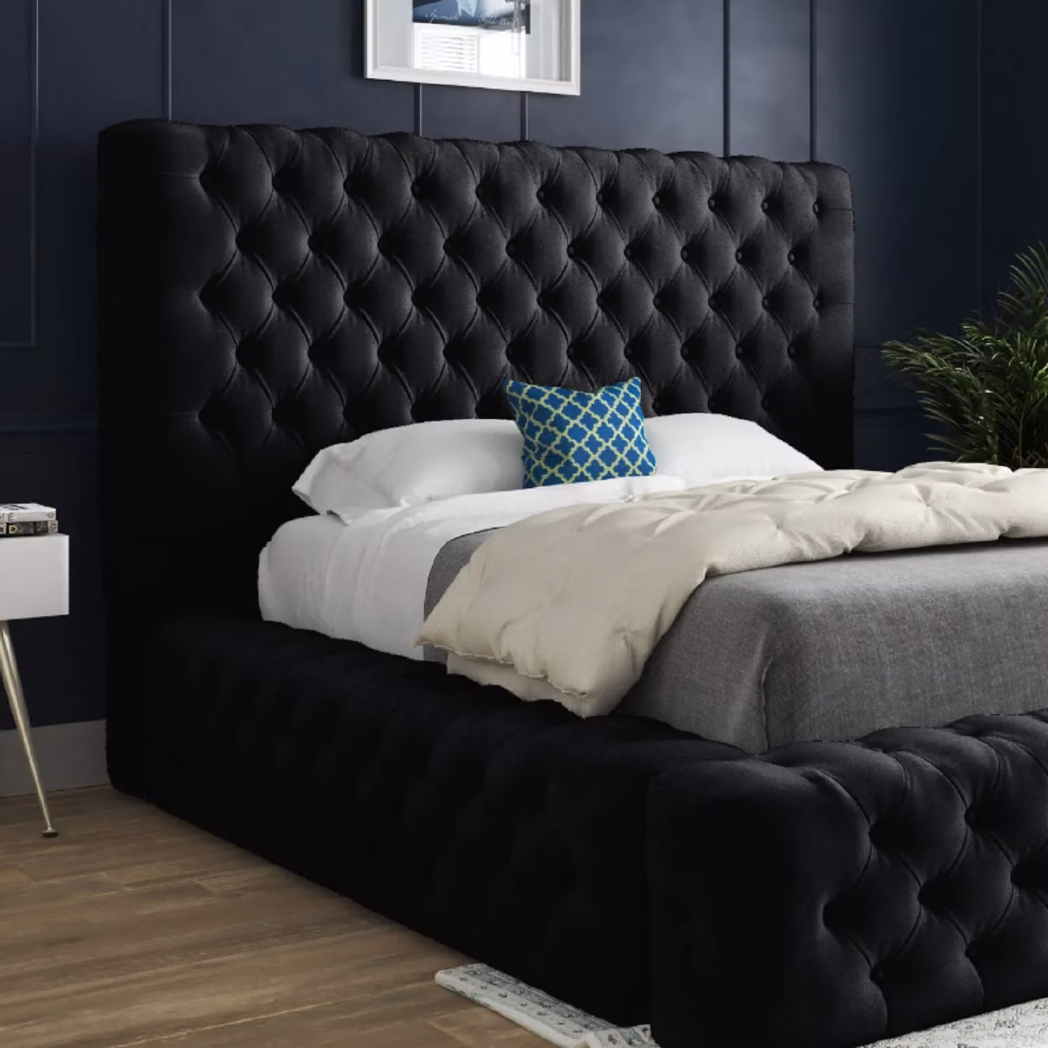 Casani Grand Milan Pleated Velvet Upholstered Bed Frame in Black, Size: Super King (200 x 200 cm) – 2