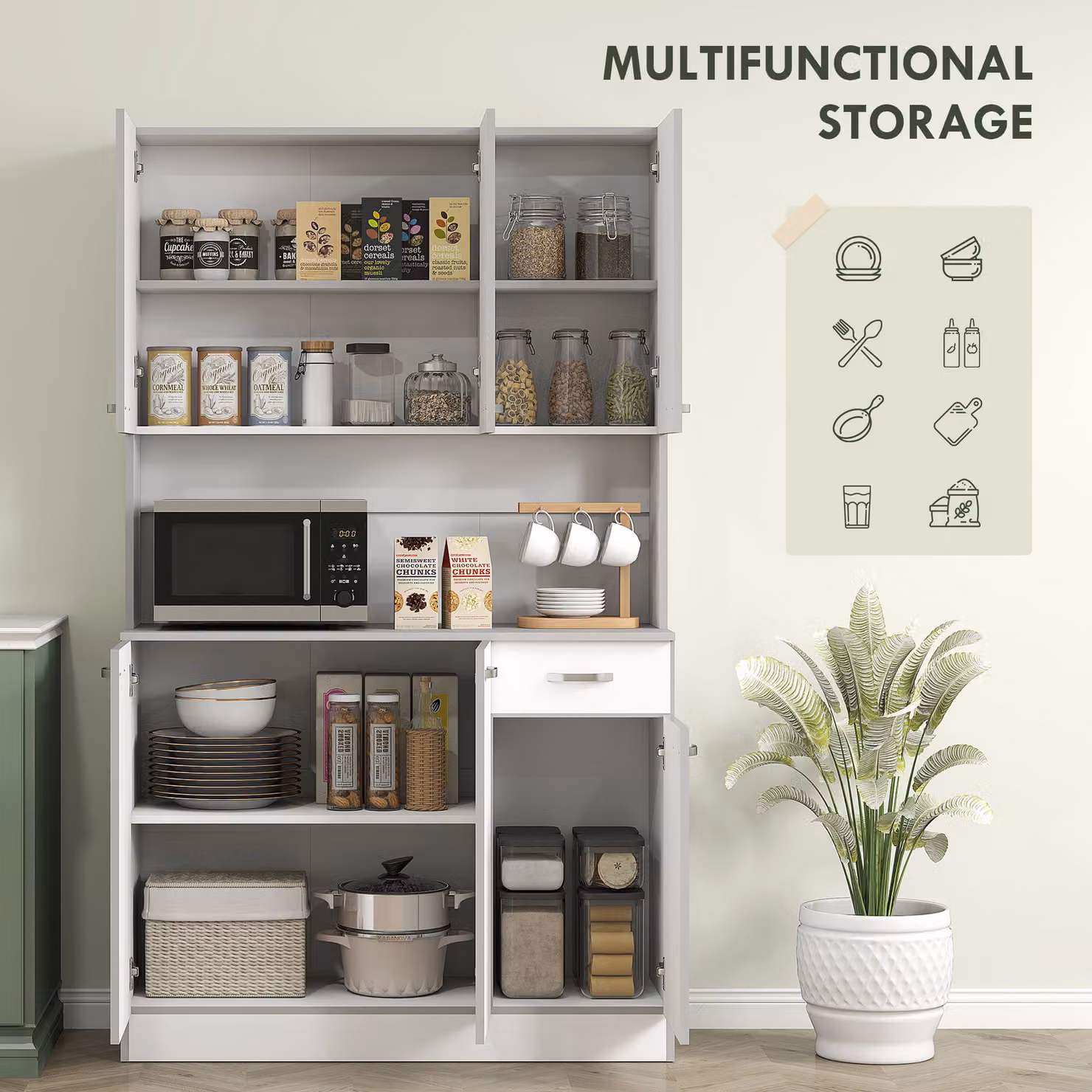 HOMCOM Modern Freestanding Kitchen Tall Unit with Hinged Doors and Internal Shelves, White – 2