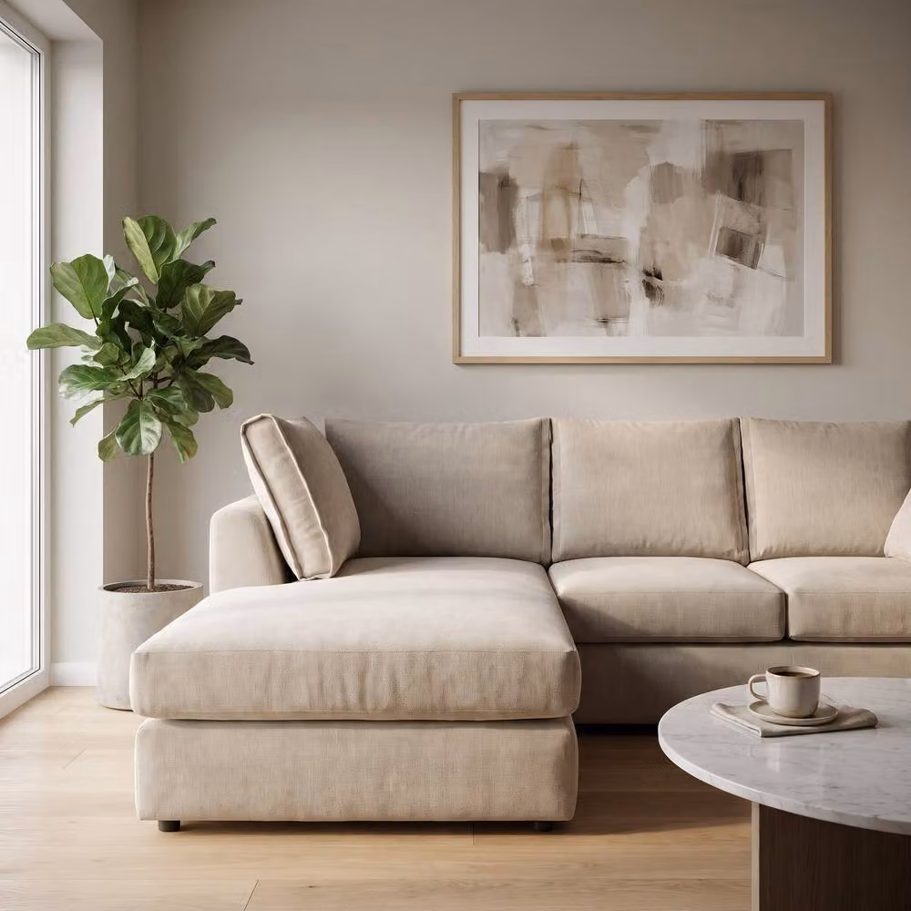 Abakus Direct Sydney Relaxed Linen Left Facing Corner Sofa with Plush Chaise in Light Sand – 2