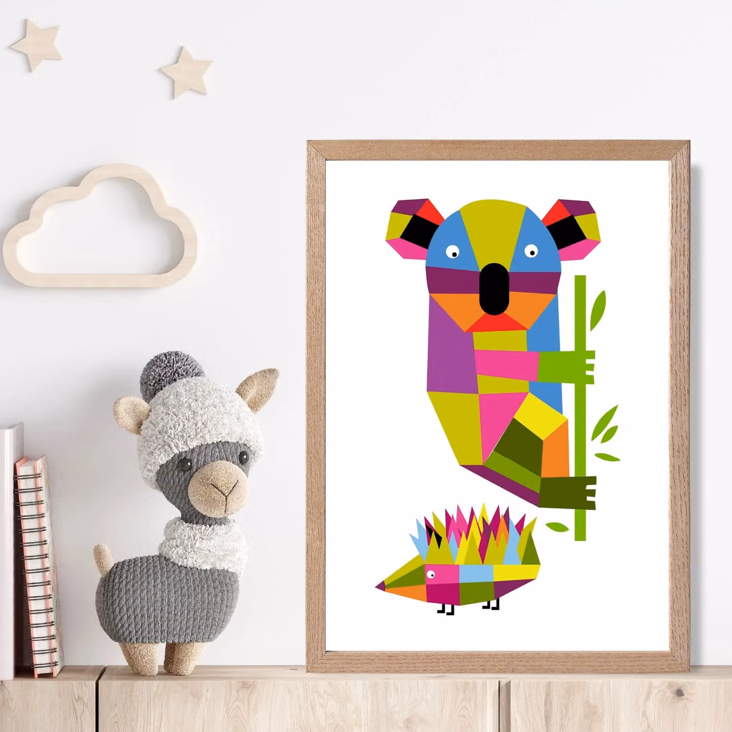 ARTZE Koala Bright Geometric Animal Framed Print, Multicolour, Oak Wood Frame, A2 – 2