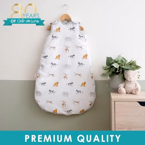 Clair de Lune Jungle Dream 2.5 Tog Baby Sleeping Bag, White, Cotton, 0-6 Months – 2