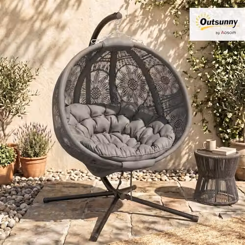 Outsunny Egg Hanging Swing Chair with Metal Stand and Side Pocket in Grey – 2