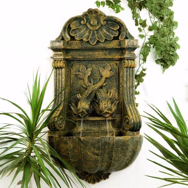 Primrose Koi Wall Fountain in Green with Antique Verdigris Effect