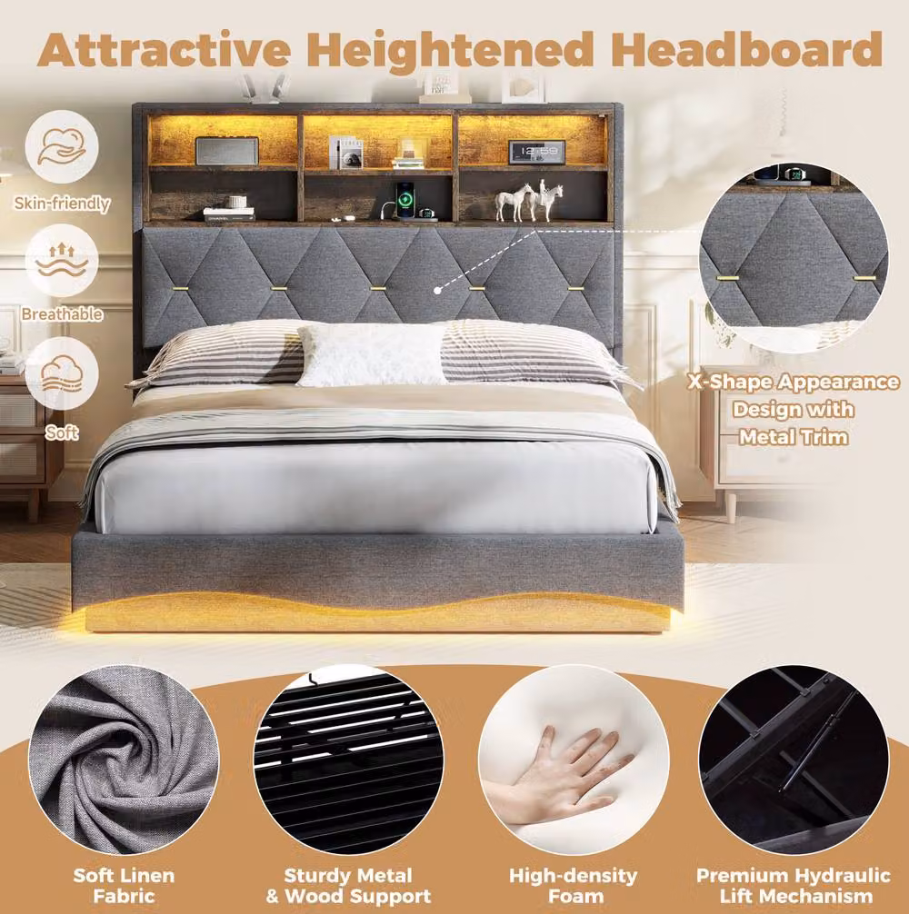 STILVORA Grey Fabric Double Bed Frame with Lift Up Storage, LED Lighting and USB Charging Port, W/D/H: 140 x 200 cm – 5